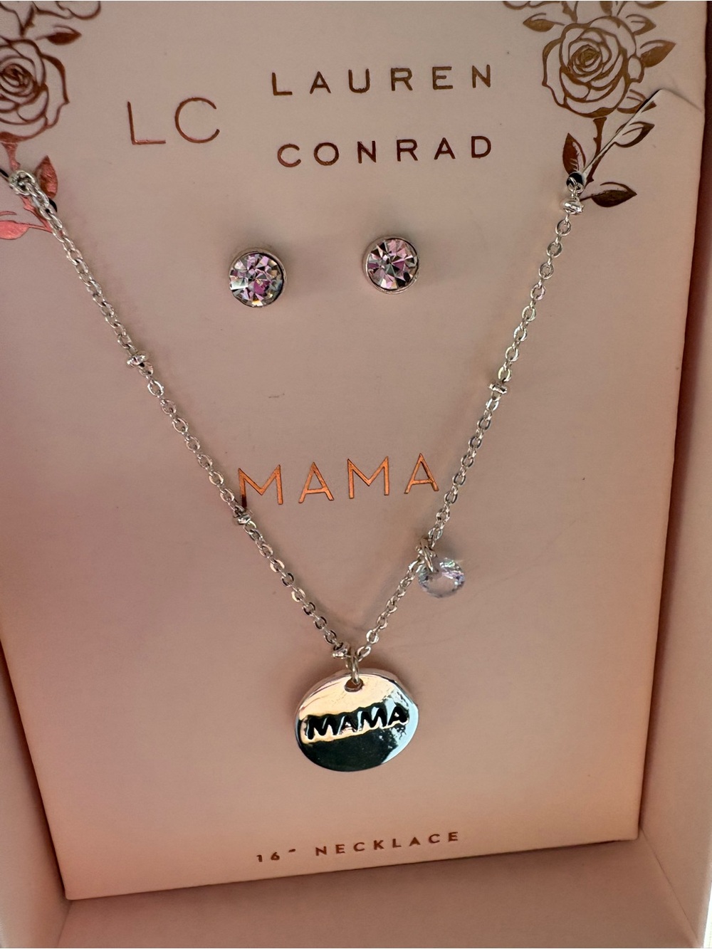 LC Lauren Conrad Silver 'MAMA' Pendant Necklace 16” with Clear Crystal Studs
